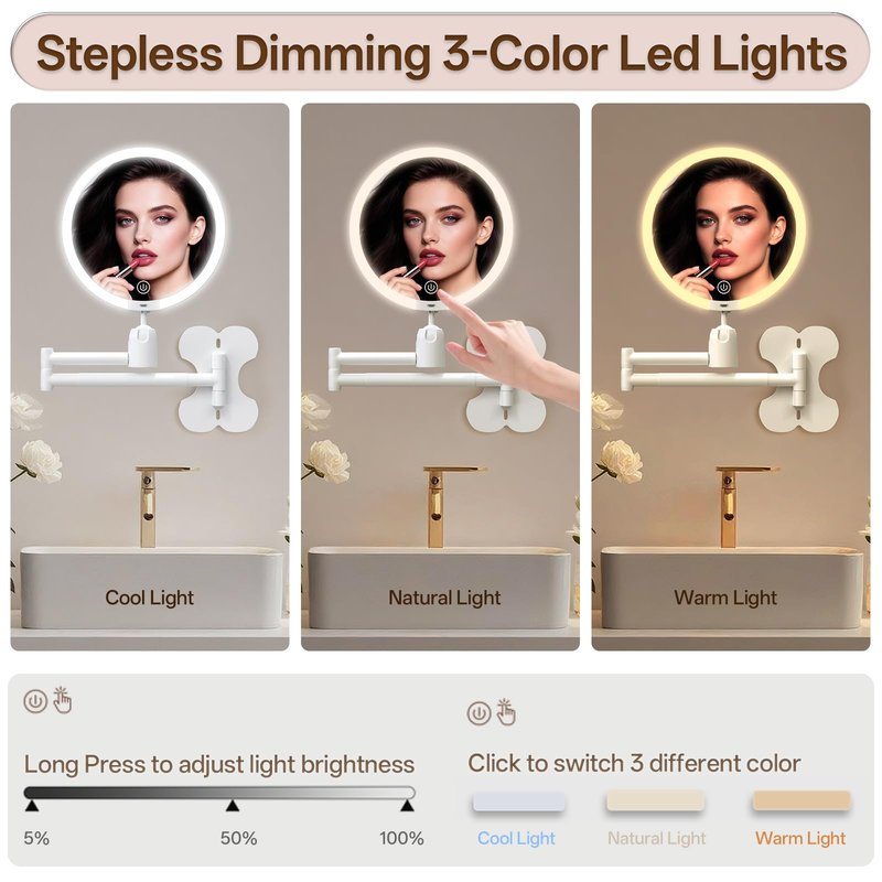 6" Led Wall Mounted Makeup Mirror Double Sided 1/30X, 1-Second Install Lightweight Compact Wall Mirror with Light, Rechargeable Extendable Magnifying Mirror for Bathroom, Wall Vanity Mirrors (1+30X)