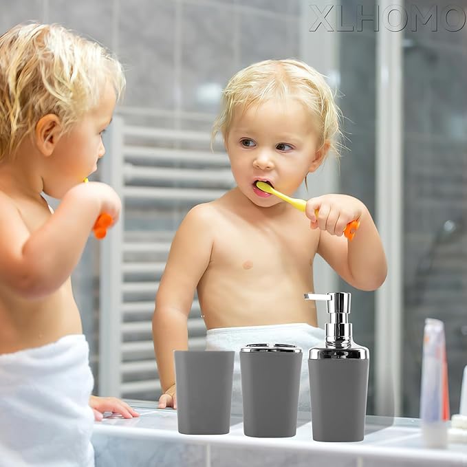 Grey Bathroom Accessories Sets Complete, 9-Piece Bathroom Accessories with Trash Can, Vanity Tray, Soap Dispenser, Soap Dish, Toothbrush Holder, Toothbrush Cup, Toilet Brush and Qtip Holders
