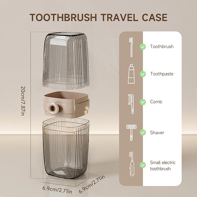 Toothbrush Travel Case, 2 in 1 Toothbrush Holder and Rinse Cup, Large Capacity Toothbrush Cup with Cover, Portable Travel Toothbrush Holder for Traveling, Camping, Trip - 1Pcs - Beige&Clear