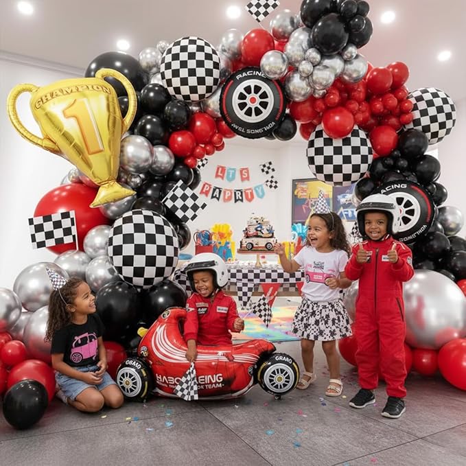 Race Car Balloons Arch Kit -Trophy, Flags, Cars, Tire, Checkered, Wheels and Red Black Silver Balloon Garland Kit for Racing Car Theme Two Fast 2nd Boy Birthday Anniversary Party Decorations