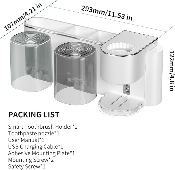 Automatic Toothpaste Dispenser Wall Mounted: 2 Cups Toothbrush Holders White Electric 6 Adjustable Levels Auto Toothpaste Squeezer Smart Rechargeable Touchless for Kids Adults - Bathroom
