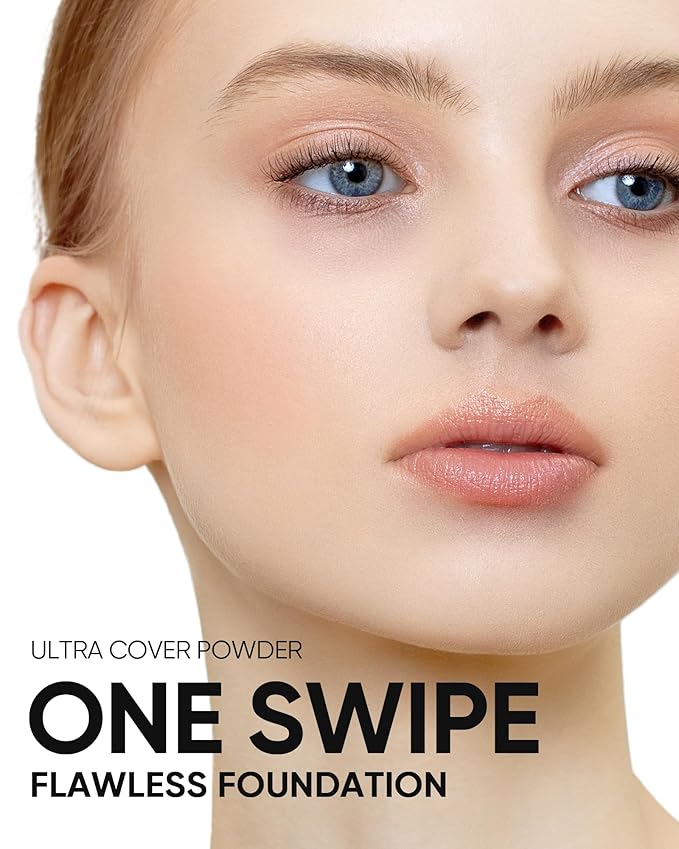 Ultra Cover Powder Foundation, Full Coverage Matte Finish, One-Swipe Flawless Pressed Powder with Oil Control, Lightweight & Long-Lasting, Pore-Blurring for Oily Skin (02 Ivory)