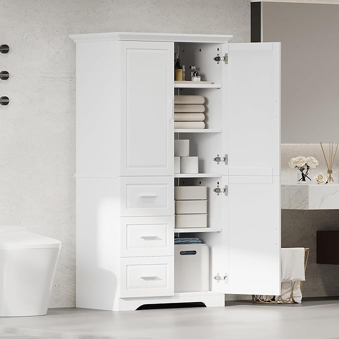 Merax Storage Cabinet with Three Drawers and Doors, Wide Pantry Cupboard for Kitchen, Living Room and Bathroom, Adjustable Shelf, White