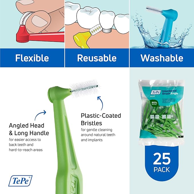 TePe Interdental Brush Angle, Angled Dental Brush for Teeth Cleaning, Pack of 25, 0.8 mm, Large Gaps, Green, Size 5