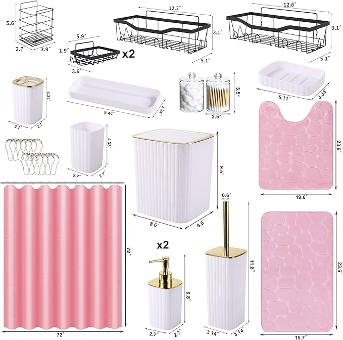 Bathroom Accessories Set - 30PC Gorgeous White Bathroom Set, Bathroom Accessory Set, Pink Shower Curtain Set with Shower Caddies, Soap Dish & Trash Can
