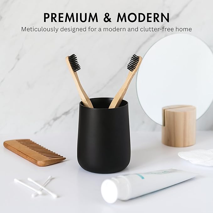 Matte Black Toothbrush and Toothpaste Holder and Cup for Bathroom Vanity and Countertop, Round Organizer for Electric Toothbrushes, Floss, Razors, Cotton, and Mouthwash
