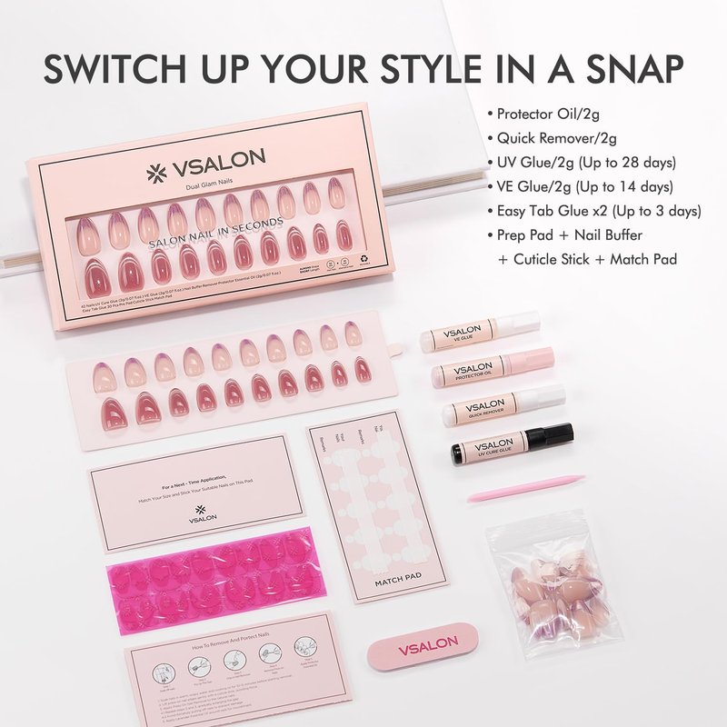 VSALON Short Almond Press on Nails Holographic French Rose Pink Cat Eye
