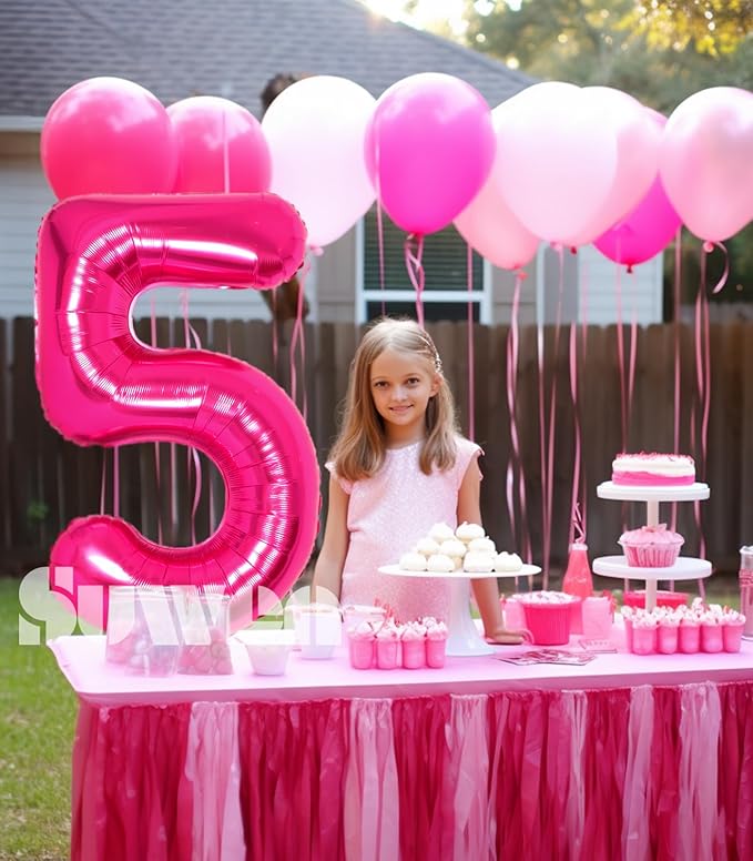 SUWEN 40 Inch Hot Pink Large 5 Number Balloons Big Foil Helium Number Balloons 0-9 Jumbo Happy 5th Mylar Birthday Party Decorations for Girl Anniversary Party Supplies
