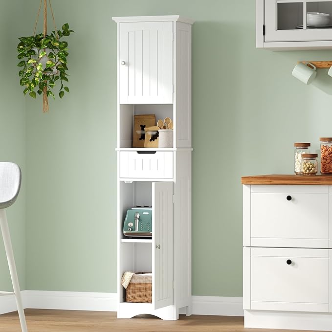 ChooChoo 67" Tall Bathroom Storage Cabinet, Narrow Bathroom Cabinet with 2 Doors and 1 Drawers, Freestanding Cupboard Floor Cabinet with Adjustable Shelves for Living Room, Kitchen, White
