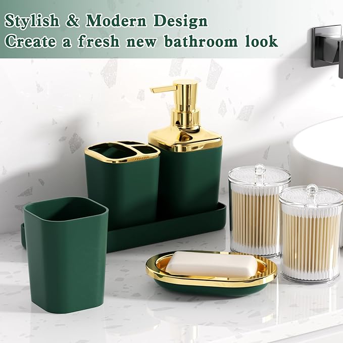 Dark Green Bathroom Accessories Set, Green and Gold Bathroom Accessories with Trash Can, Soap Dispenser, Soap Dish, Toothbrush Holder and Q-tip Holders