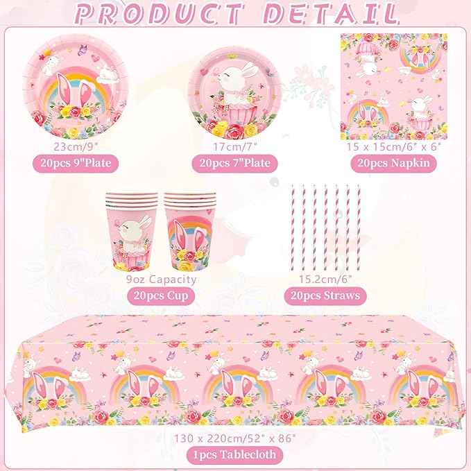 KEFAN Bunny Birthday Party Decorations, Rabbit Theme Party Tableware Supplies including Plates, Cups, Napkins, Tablecloth (20)