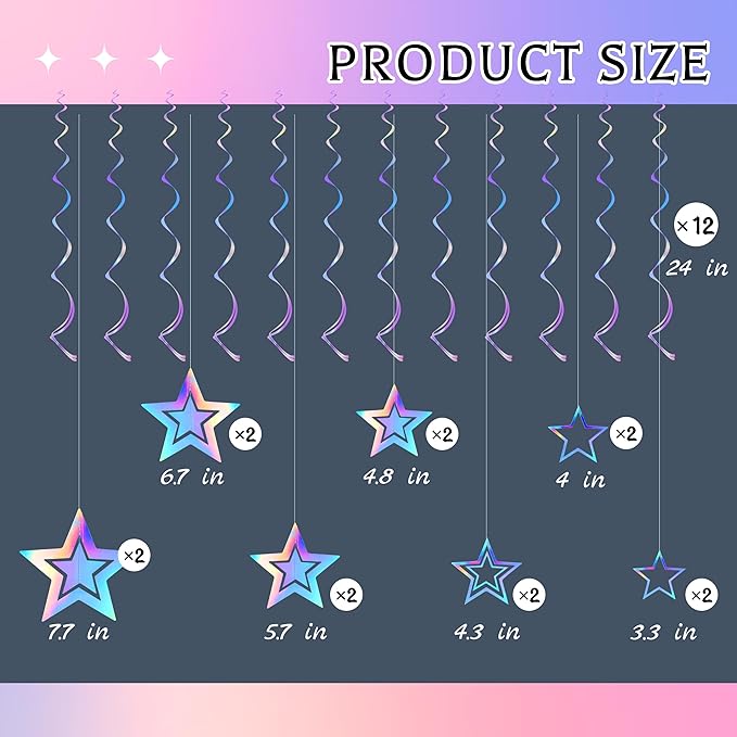 BTSD-home Iridescent Star Garland Decorations Holographic Hanging 3D Twinkle Stars Spira Swirl Ribbons Birthday Wedding Backdrop Galaxy Party Decor Space Starry Night Theme Party Supplies