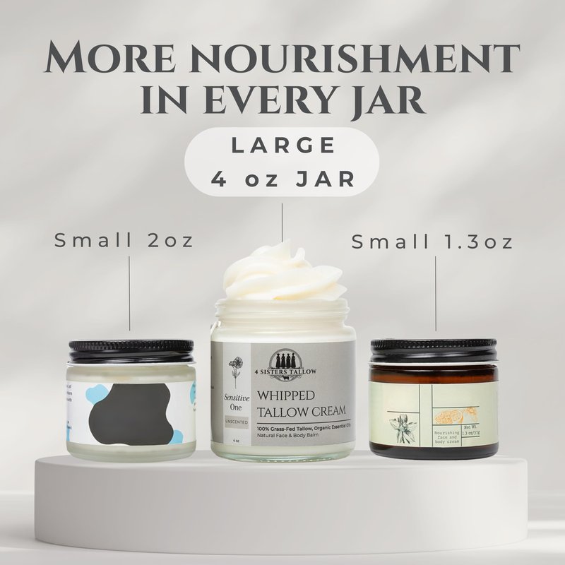 100% Grass Fed Beef Tallow For Face & Skin - All Natural Tallow Face Cream - Whipped Moisturizer Lotion - Made in USA - 100% Organic Essential Oils - Lrg 4 Fl Oz - For Sensitive Skin - (Unscented)