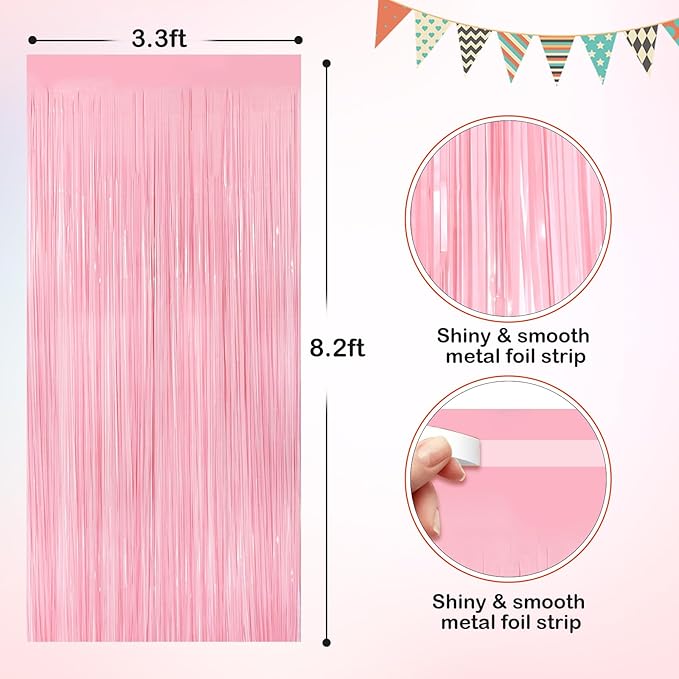 Pastel Pink Metallic Tinsel Foil Fringe Curtains, 2 Pack 3.3x8.3 Feet Tinsel Backdrop for Birthday Wedding Easter Christmas, Pink Fringe Backdrop Foil Curtain for Valentines Day Decorations
