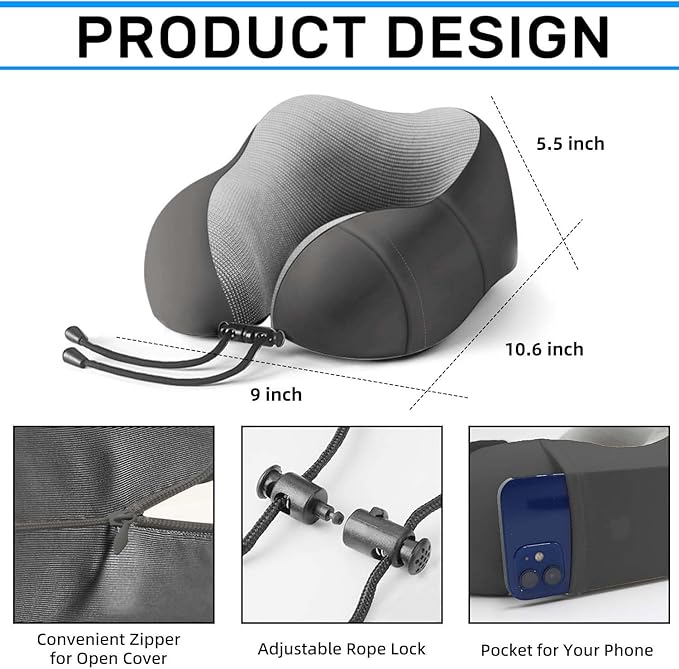 Neck Pillow for Traveling,Premium Memory Foam Travel Neck Pillow for Airplane,Soft Smooth & Breathable Cover,Adjustable Headrest Sleep Flight Pillow for Plane,Car,Office and Home,Black