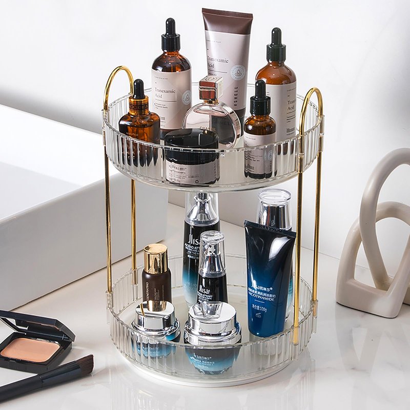 Zufudo Rotating Makeup Organizer Countertop 2 Tier Lazy Susan Trays Clear Skincare Perfume Storage for Bathroom Counter Vanity, Transparent