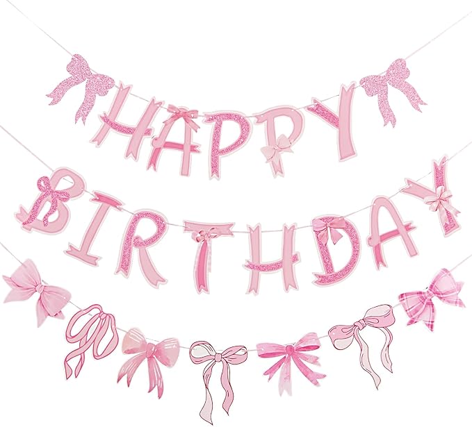 Pre-Strung Pink Bow Birthday Decorations, Pink Coquette Party Decorations, Bow Party Supplies Include Happy Birthday Banner, Bow Garland Banner for Girls