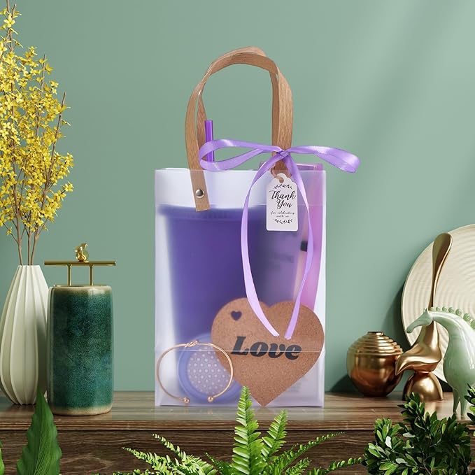 56Pcs Baby Shower Prizes for Game Winners Baby Shower Favors Gifts including Plastic Tumbler Notebook Scented Candles Ballpoint Pen Mirrors with Hair Brushes Bracelet Gift Bag (Purple)