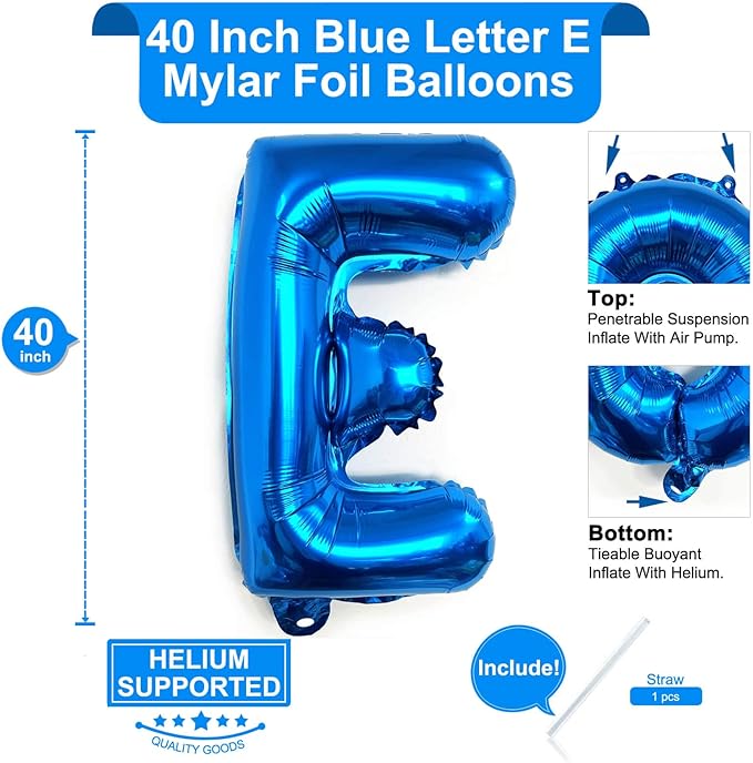 Lovoir 40 Inch Large Blue Letter E Balloons Big Size Jumbo Mylar Foil Helium Balloon for Birthday Party Celebration Decorations Alphabet Blue E