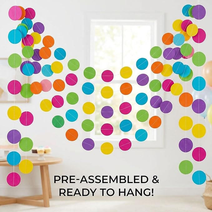 5 Pack Colorful Dots Garland Banner, 65.5 ft Paper Circle Hanging Streamers Rainbow Round Dot Bunting Backdrop for Birthday Classroom Homecoming Wedding Holiday Party Decorations