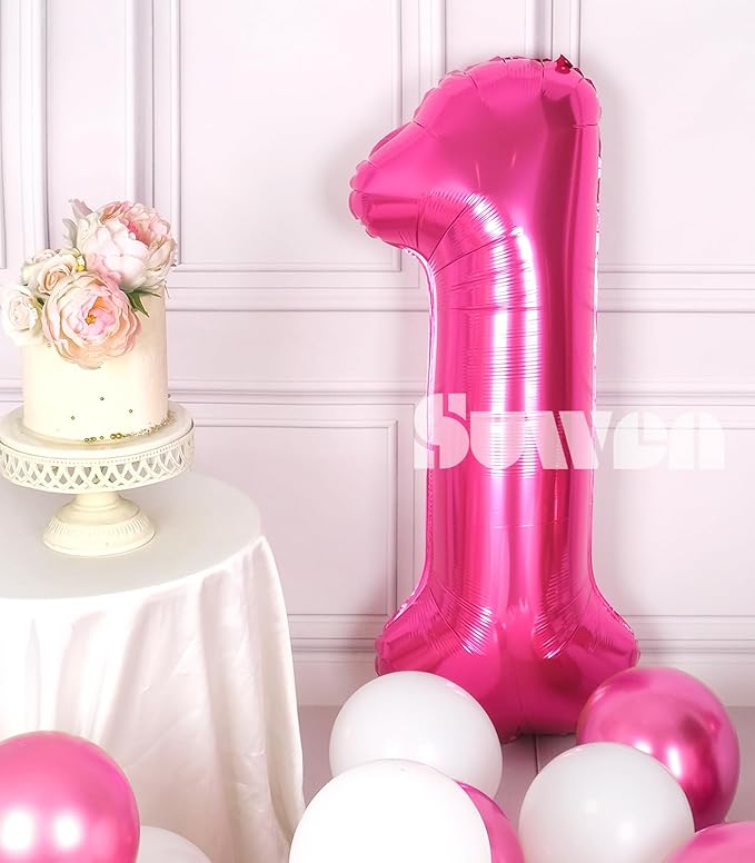 SUWEN 40 Inch Hot Pink Large 1 Balloon Numbers Big Foil Helium Number Balloons 0-9 Jumbo Happy 1st Mylar Birthday Party Decorations for Baby Girl Anniversary Party Supplies