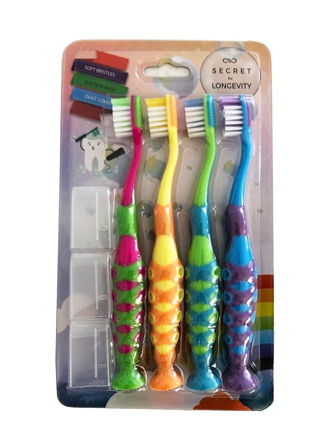 Secret for Longevity 4 Pack BPA Free Extra Soft Kids Childrens Toddler Child Toothbrush Set Easy Grip (3-8 Year Old)