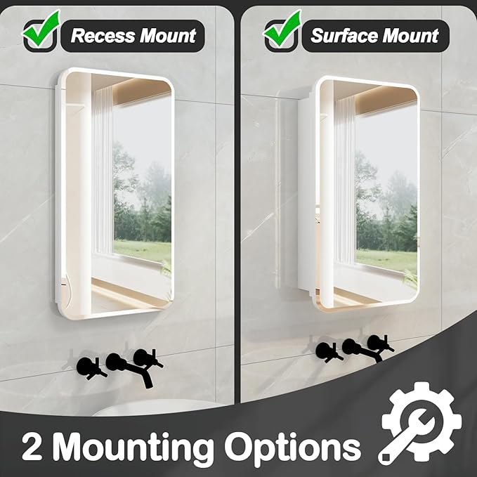 Rectangle Medicine Cabinet with Beveled Edge Mirror, No-Assembly Bathroom Wall Cabinet with Mirror, Adjustable Shelves, Tissue Slot, Recessed or Surface Mount (28" H x 16" W)
