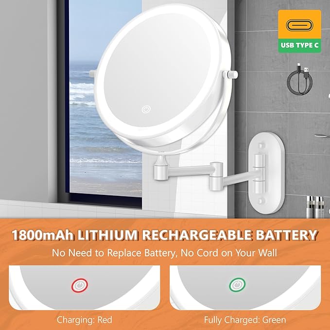 1X/20X Wall Mounted Makeup Mirror with Light, 8" Rechargeable Double-Sided Magnifying Mirror, Vanity Mirror Dimmable 3 Color Light, 360° Extension Rotation Foldable 14.5 Inch Arm for Bathroom
