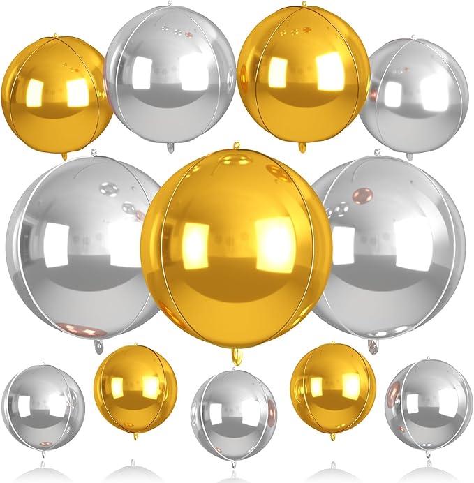 Gold and Silver Round Balloons Foil, 12 Pcs Round Shaped Balloon 4D Different Size 22" 18" 15" 10", Metallic Gold Silver Balloons for Prom Graduation Baby Shower Birthday New Years Party Decorations