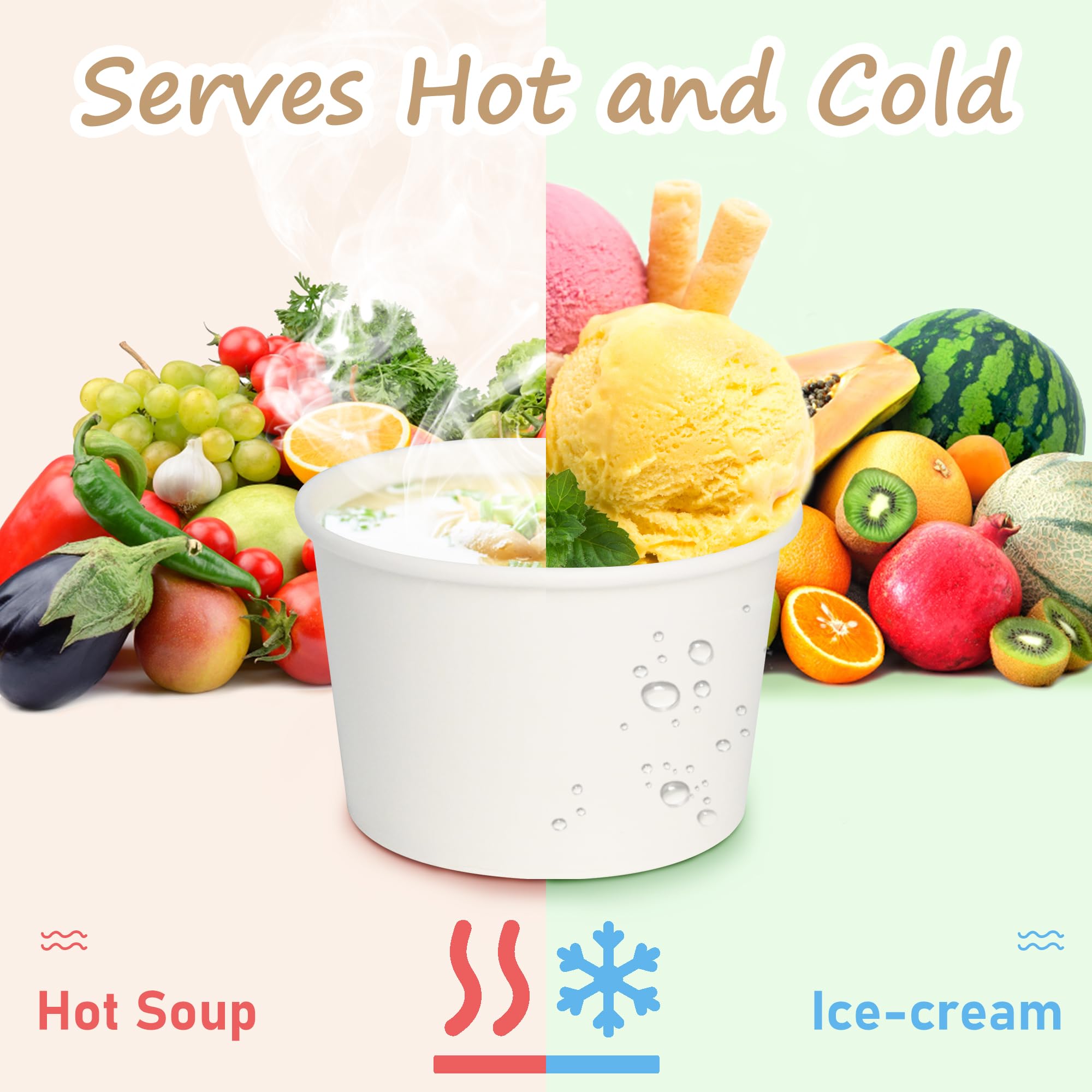 ESSENTIAL Paper Ice Cream Cups with Lids, 120pcs 8oz Disposable Dessert Bowls with Lids for Hot or Cold Food, Paper Snack Containers for Sundae, Frozen Yogurt, Soup (White)
