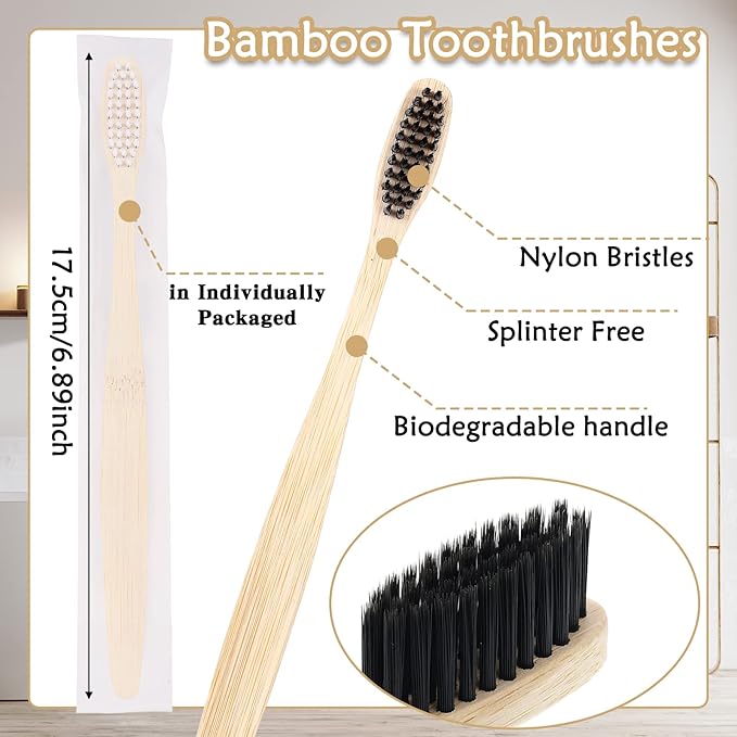 Vesici 100 Pcs Bamboo Toothbrushes Bulk Soft Bristles Toothbrushes with Micro Fur Ultra Wooden Bamboo Teeth Brushes Manual for Adults Travel Family Hotel Use Individually Packaged (Black,White)