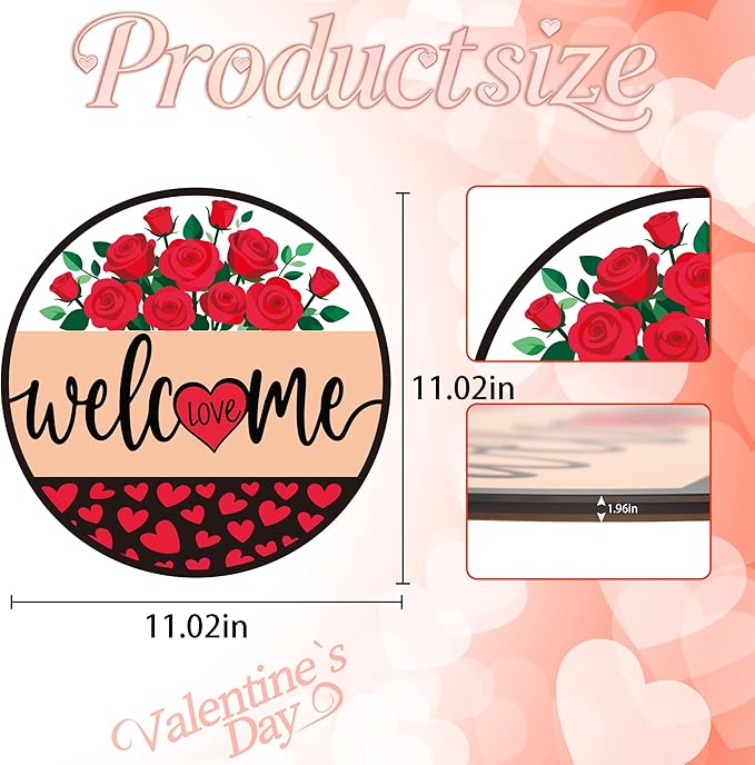Valentines Day Decorations - Wreath Welcome Sign for Front Door | Rustic Round Wood Wreaths,Heart Rose Garland Outdoor Indoor - Valentines Decor Party Favors Supplies for Door Wall Room Porch Kitchen