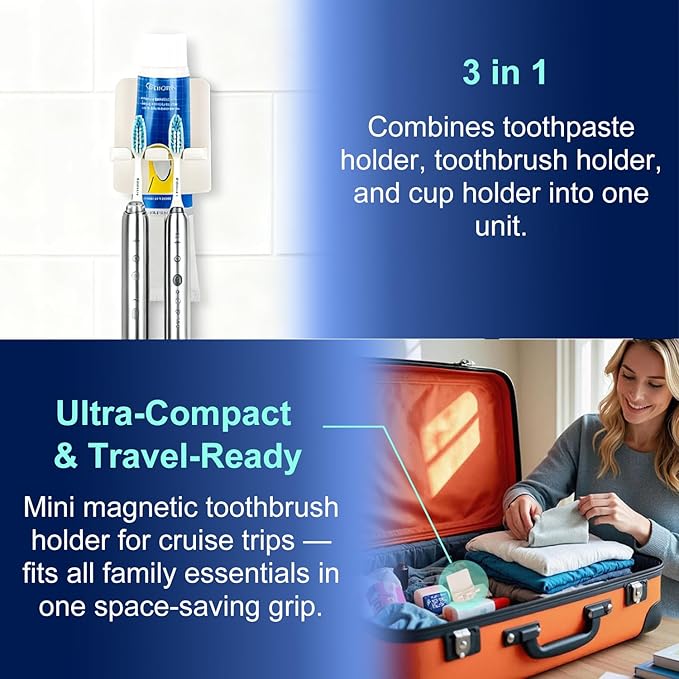Cruise Toothbrush Holder Magnetic for Cruise Ship Bathroom – Holds 2 Toothbrushes, Toothpaste & Toothbrush Cups – Compact Cruise Essentials 2025 2026 for Small Cabins – Lightweight Travel Accessories