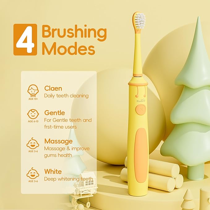 KIWIBIRD Kids Electric Toothbrush for Ages 3–10 | Toddler Sonic Toothbrush with 4 Modes & Soft Silicone Bristles | 2-Min Timer Pressure Sensor | 45-Day Rechargeable Battery | IPX8 Waterproof (Blue)