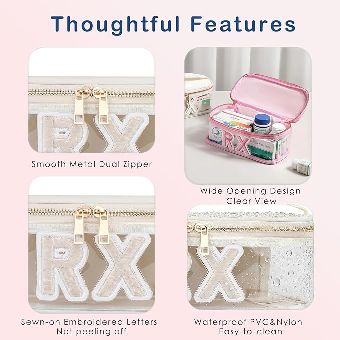 Clear Waterproof MEDS RX Makeup Bag，Transparent PVC Letter Patch medication travel case with Handle and Zipper, Portable Meds First Aid Travel Organizer Cosmetic Bag(04 Beige RX)