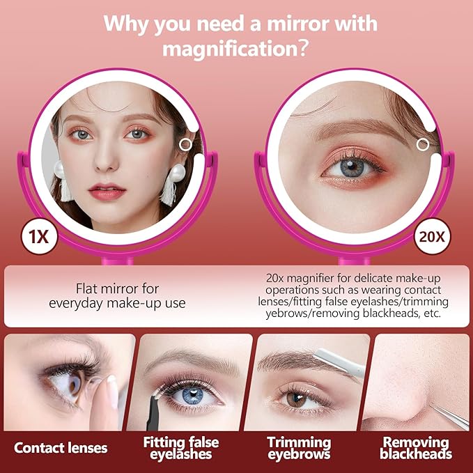MIYADIVA Makeup Mirror with Lights, 20X Magnifying Mirror with Light and Touch Switch, 2-Sided Vanity Mirror with 3 Color and 80 LEDs, Hot Pink