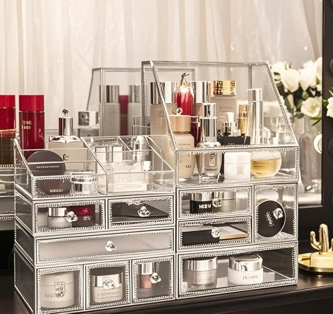 Glass Makeup Organizer for Vanity/Stackable 2Pieces Drawer Set/Antique Countertop Vanity Cosmetic Storage Box Mirror Glass Beauty Display, Holder for Brushes Lipsticks Skincare Toner (Silver)