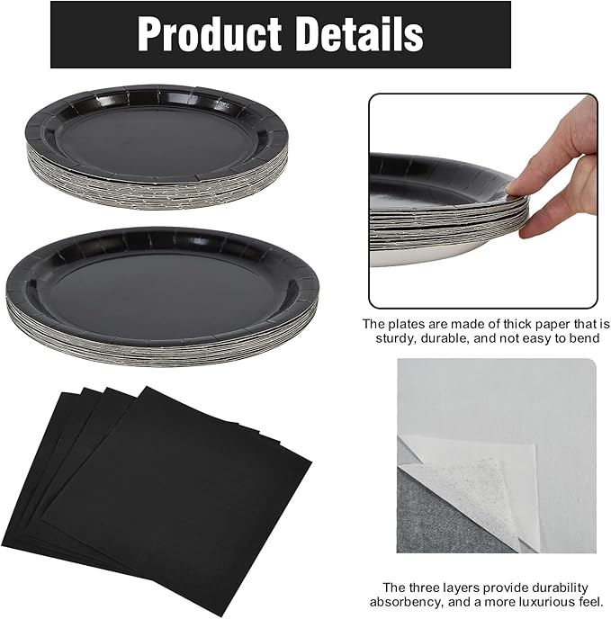 Ottin 169PCS Black Christmas Party Supplies for 24 Guests – Disposable Paper Plates, Napkins, Cups, Forks, Knives, Spoons & Tablecloth for Birthday, Wedding, Thanksgiving, Christmas, New Year