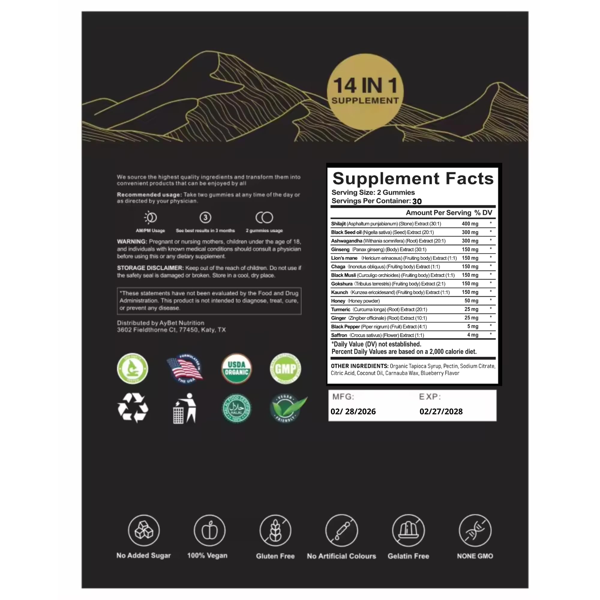 AyBet Organic Himalayan Shilajit Gold Gummies for Men and Women, Black Seed Oil, Ashwagandha, Ginseng, Turmeric, Gokshura, Lion's Mane, Lab Tested, No Sugar Added, Halal, 60Gummy