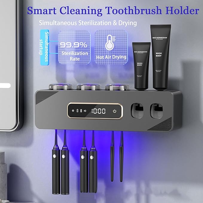 Automatic Toothpaste Dispenser,Rechargeable Toothbrush Holders for Bathrooms,3 Cups Electric Toothbrush Holder Wall Mounted with Toothpaste Dispenser Bathroom Decor (Grey)