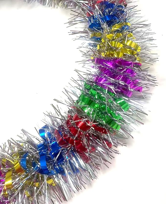 33Ft Long Tinsel Twist Garland Shiny Thick Metallic Foil Xmas Tree Decorations for Birthday Party Christmas New Year Parties Parade Floats and Other Holidays Hanging Decor Supplies-(Colours+Silver)