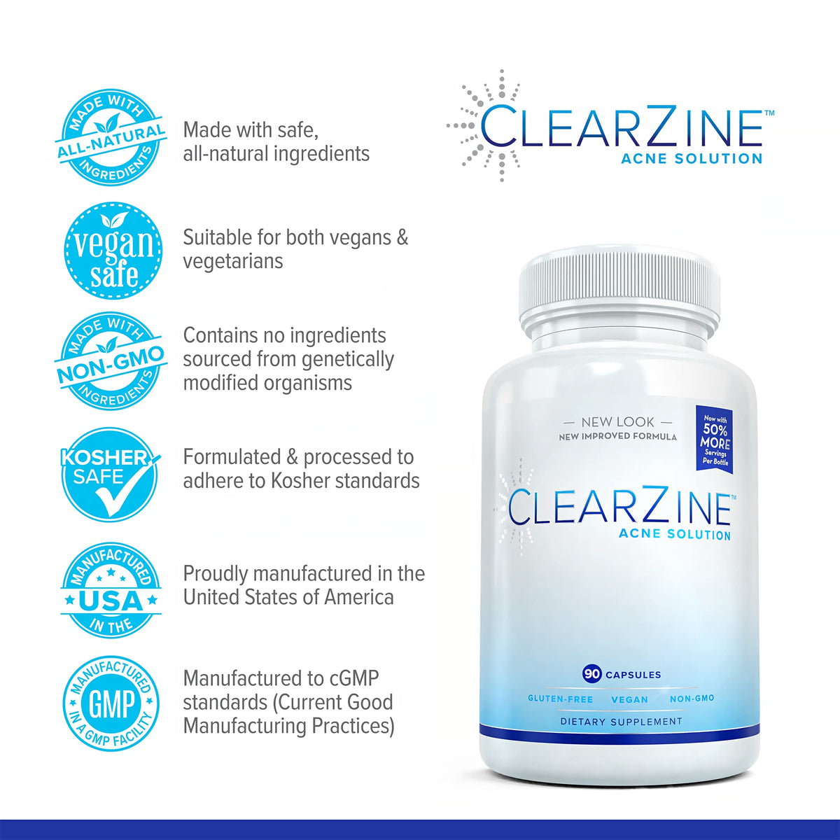ClearZine Acne Pills for Teens & Adults | Clear Skin Supplement, Vitamins for Hormonal & Cystic Acne, 90 Caps