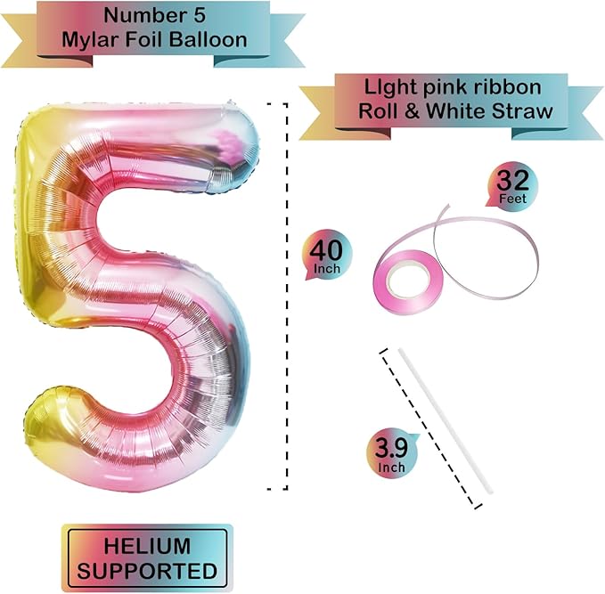 40 Inch Giant Rainbow Number 5 Balloons, Birthday Balloons, Helium Mylar Foil Big Number Balloons for Birthday Party Decorations, Kids' Birthday Anniversary Party Baby Shower Unicorn Parties