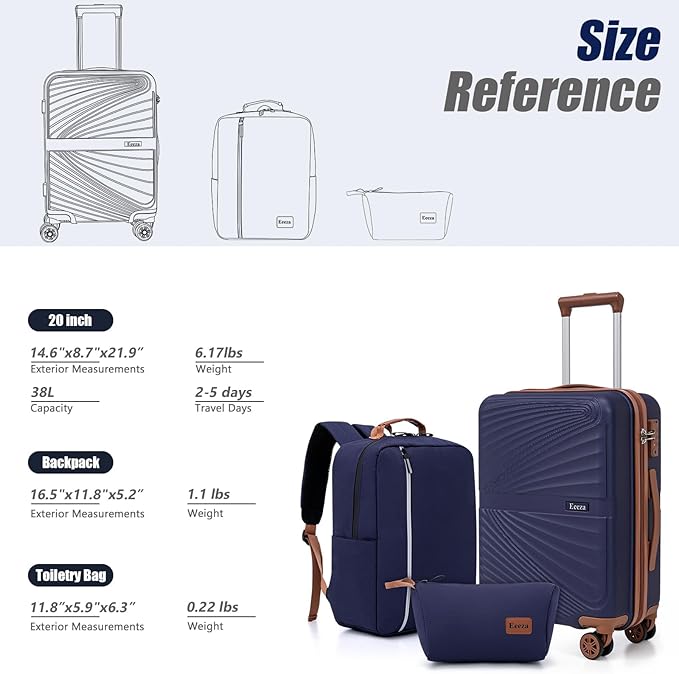 Carry On Luggage Set 22x14x9 Airline Approved Luggage Sets 3 Piece,Suitcases with Wheels,ABS Hard Case Luggage with TSA Lock Spinner Wheels(20 Inch,BP/TB)