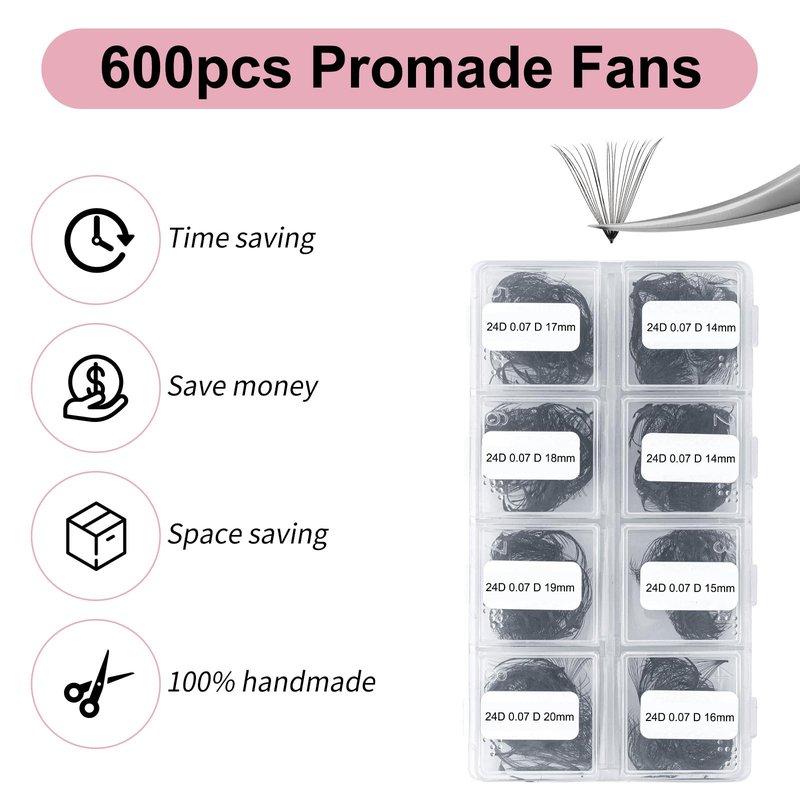 FADLASH Volume Lash Extensions 600pcs 24D Premade Fans Eyelash Extensions D Curl Pointy Base Pre Made Fans Lash Extension Mixed Tray Eyelash Extension Premade Fans (24D-0.07D-14-20mm), Black
