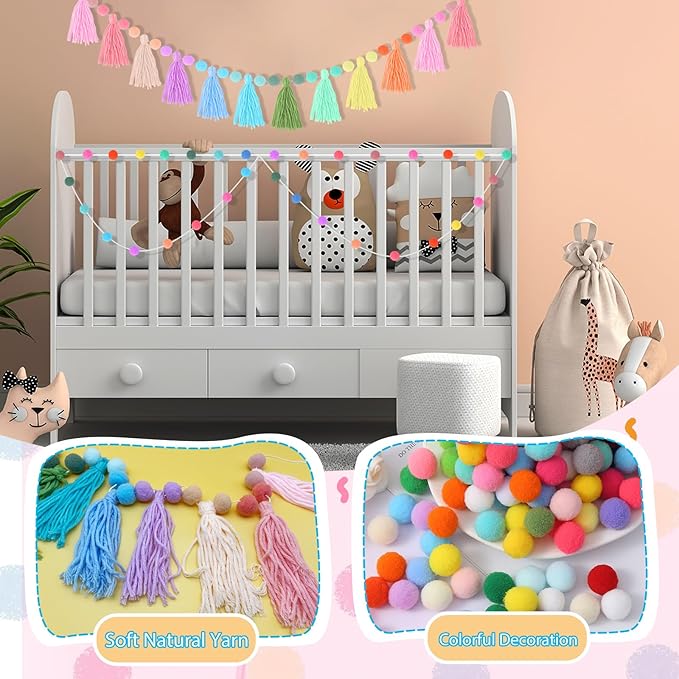 4 Pcs Rainbow Tassel Garland Colorful Pom Pom Garland 9.8 Feet Boho Felt Fabric Tassel Banner Set, Pastel Wall Door Hanging Decor for Classroom Birthday Party Kids Bedroom School