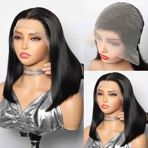 CYSDRH Bob Wig Human Hair 13x6 HD Frontal Lace Wig 180% Density Short Bob Wigs for Black Women Pre Plucked 100% Brazilain Virgin Human Hair Wigs - 14 Inch 13x6 Straight Bob Wig Natural Black Color