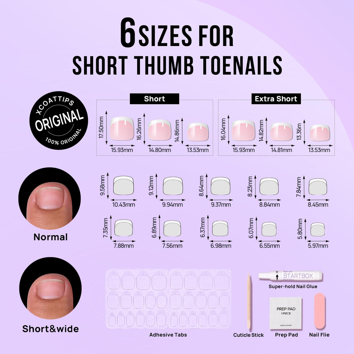 BTArtbox Press on Toenails Short, White French Tips Toenail Press Ons Square for Women, Light Weight Press on Toe Nails with Glue, Fake Toenails in 16 Sizes- 32 Toenails Kit, Timeless Grace