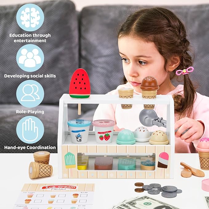 Wooden Ice Cream Toys for Kids Ice Cream Counter Shop for Toddlers Pretend Play Food Scoop and Serve with Scoop & Menu & Fake Money for Boys and Girls Ages 3 4 5 6 (Beige)