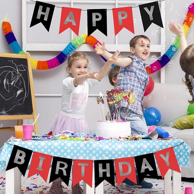 Red Silver Black Happy Birthday Banner Sign Happy Birthday Bunting Banner Garland for Kids Girl Woman Birthday Tea Party Decorations Bunting Flag Birthday Party Supplies
